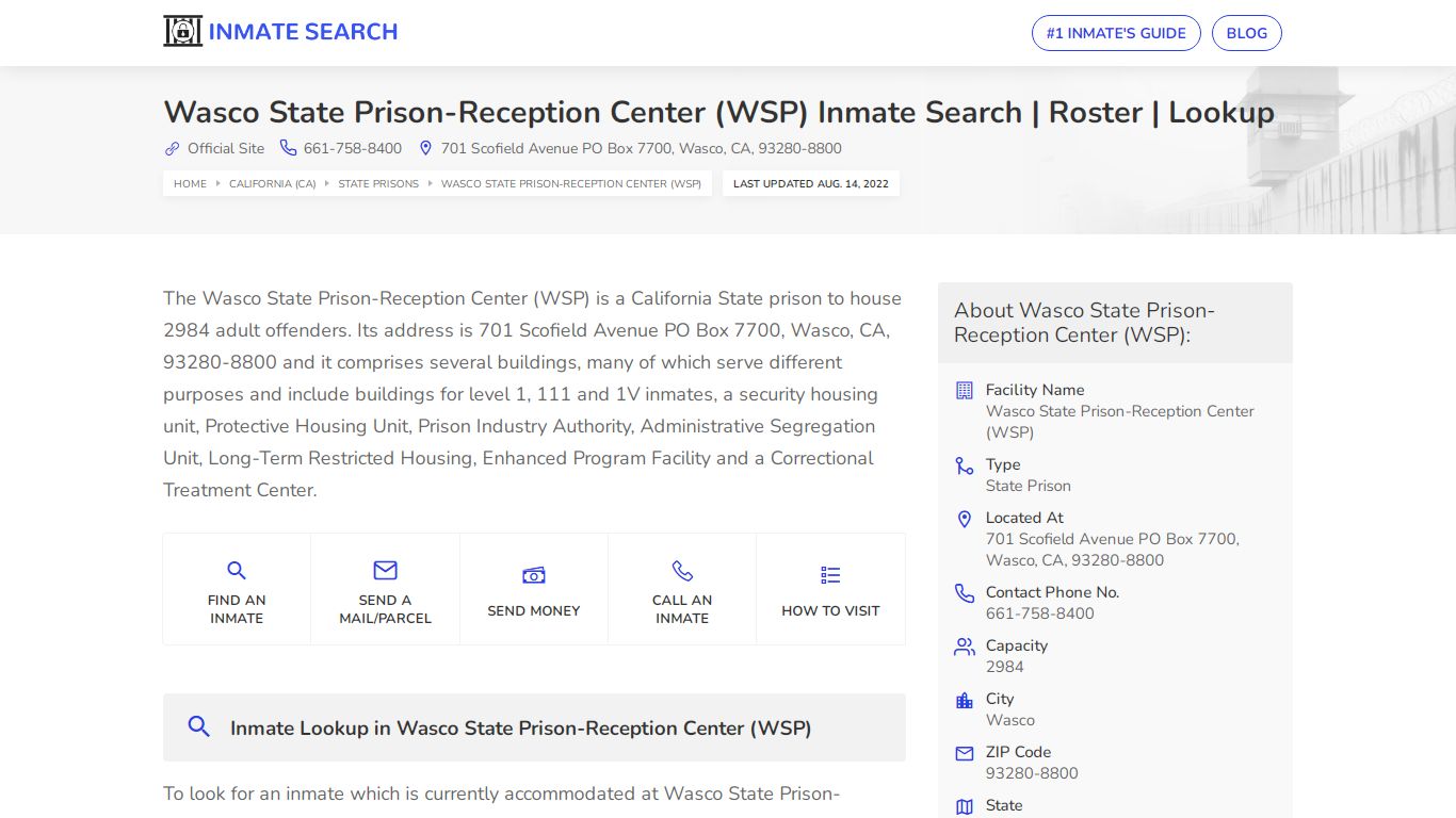 Wasco State Prison-Reception Center (WSP) Inmate Search ...